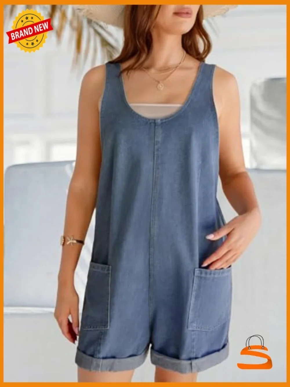 Sleeveless Denim Overalls Romper with Pockets Rolled Cuff Casual Summer